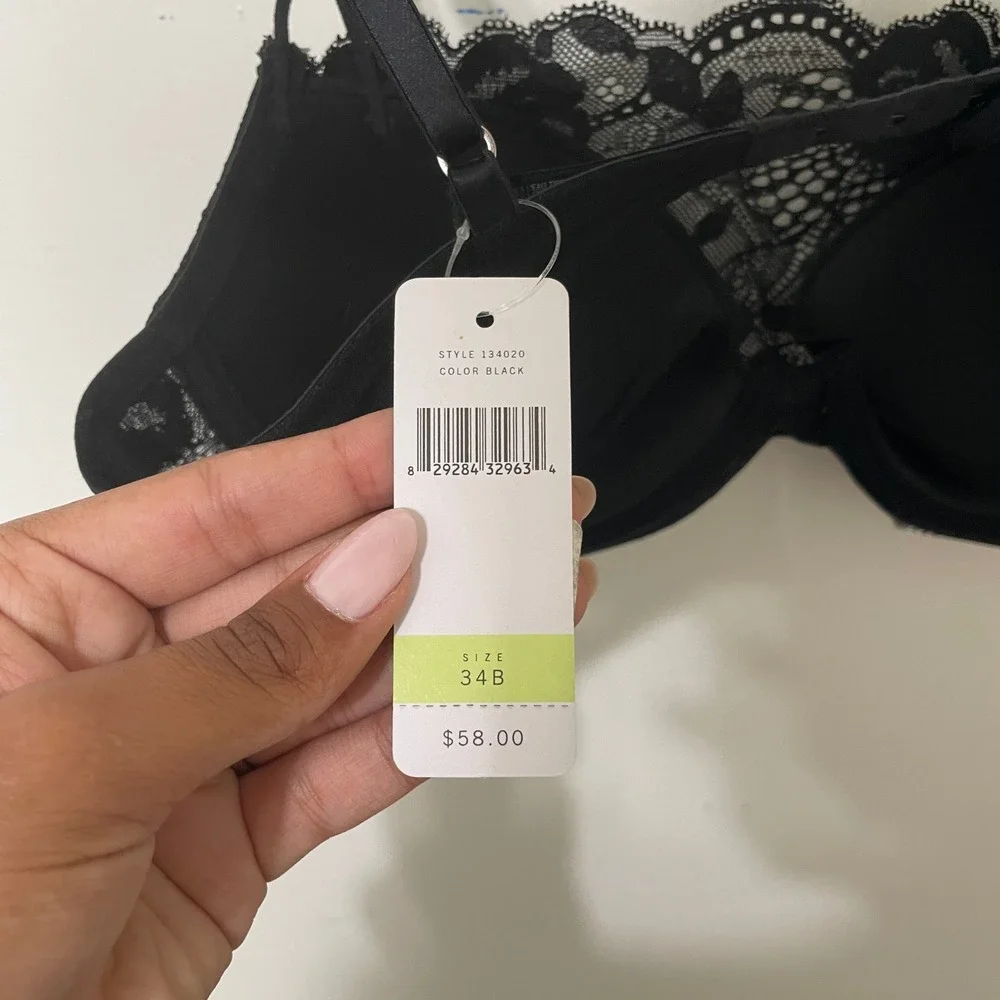Natori Black Floral Lace Underwire Balconette Bra Scalloped Trim 134020‎ 34B New
